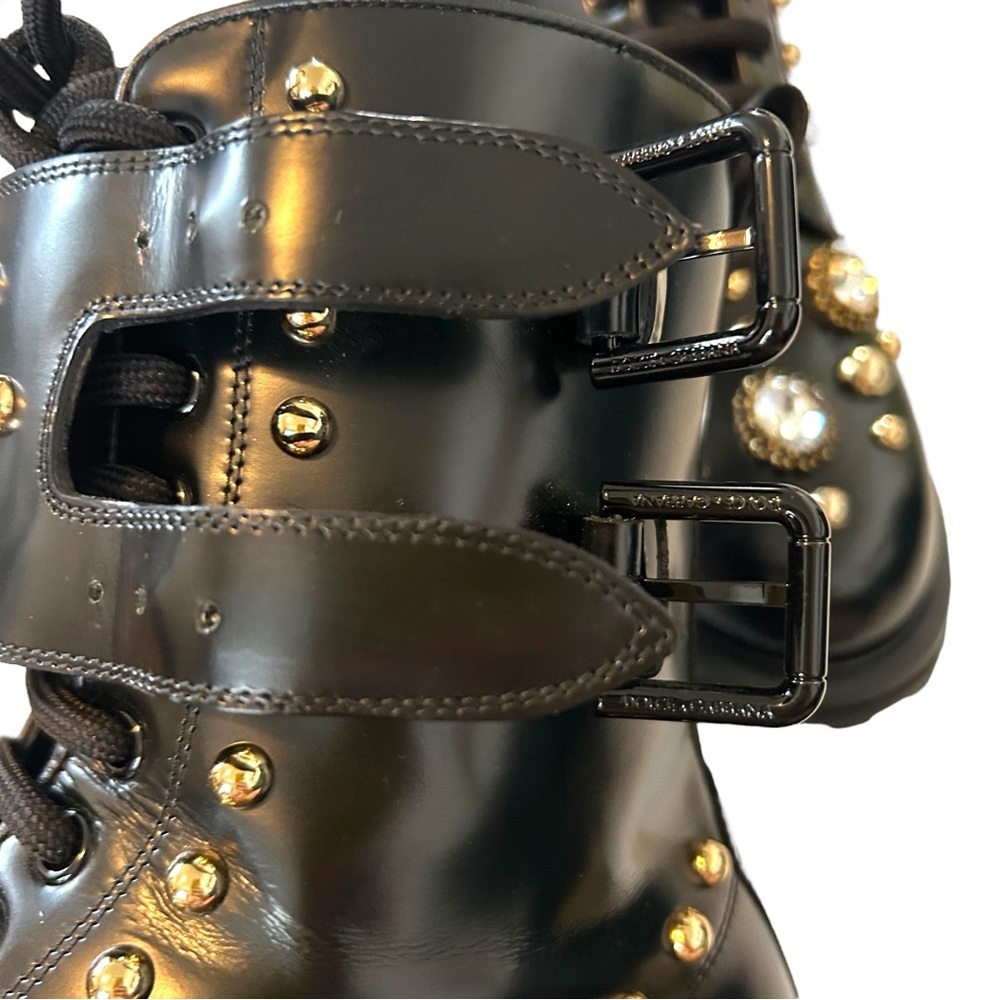 Dolce & Gabbana 9 Naxos combat boot studded jeweled lace‎ up zip crown embossed - Picture 7 of 16